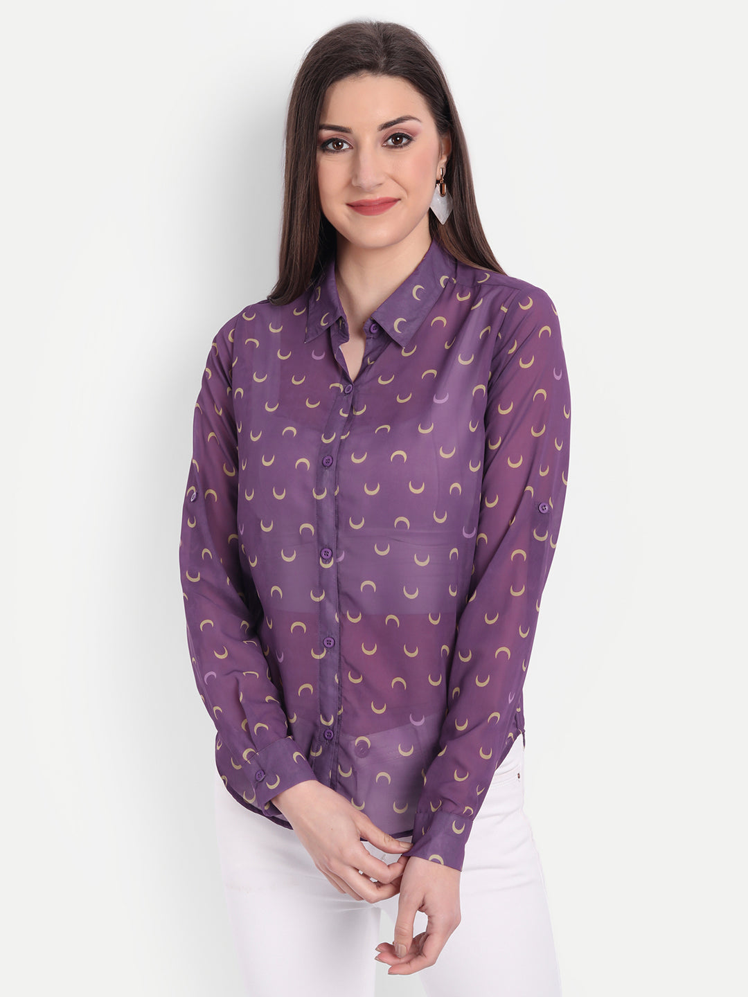 Women Purple Relaxed Semi Sheer Printed Casual Shirt