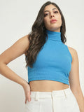 Blue high neck sleeveless crop top for women