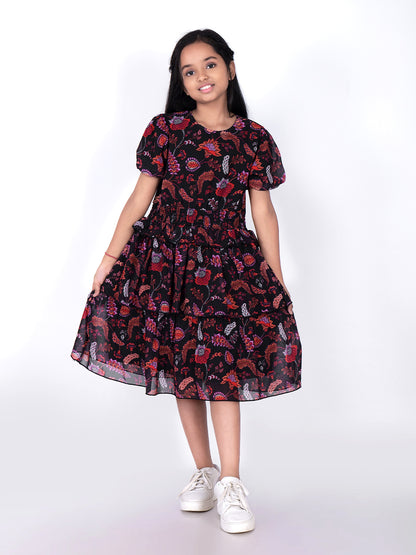 Floral Print Puff Sleeve Fit & Flare Dress