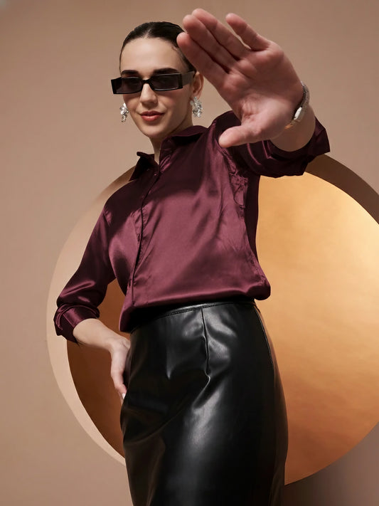 Women Maroon Classic Slim Fit Casual Shirt