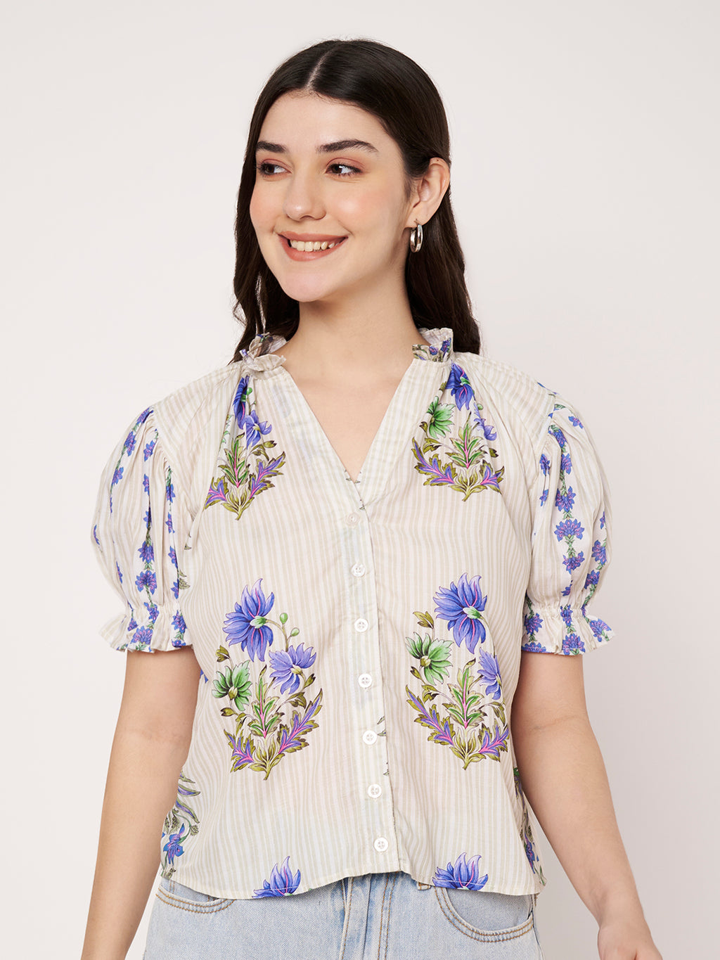 Women Off White Floral Printed Cotton Blend Top