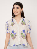Women Off White Floral Printed Cotton Blend Top