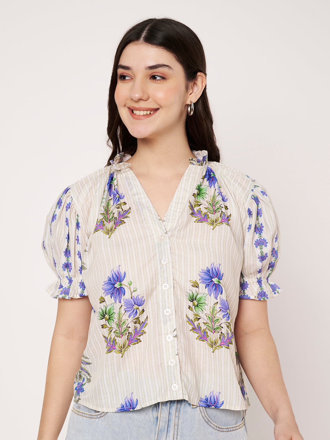 Women Off White Floral Printed Cotton Blend Top