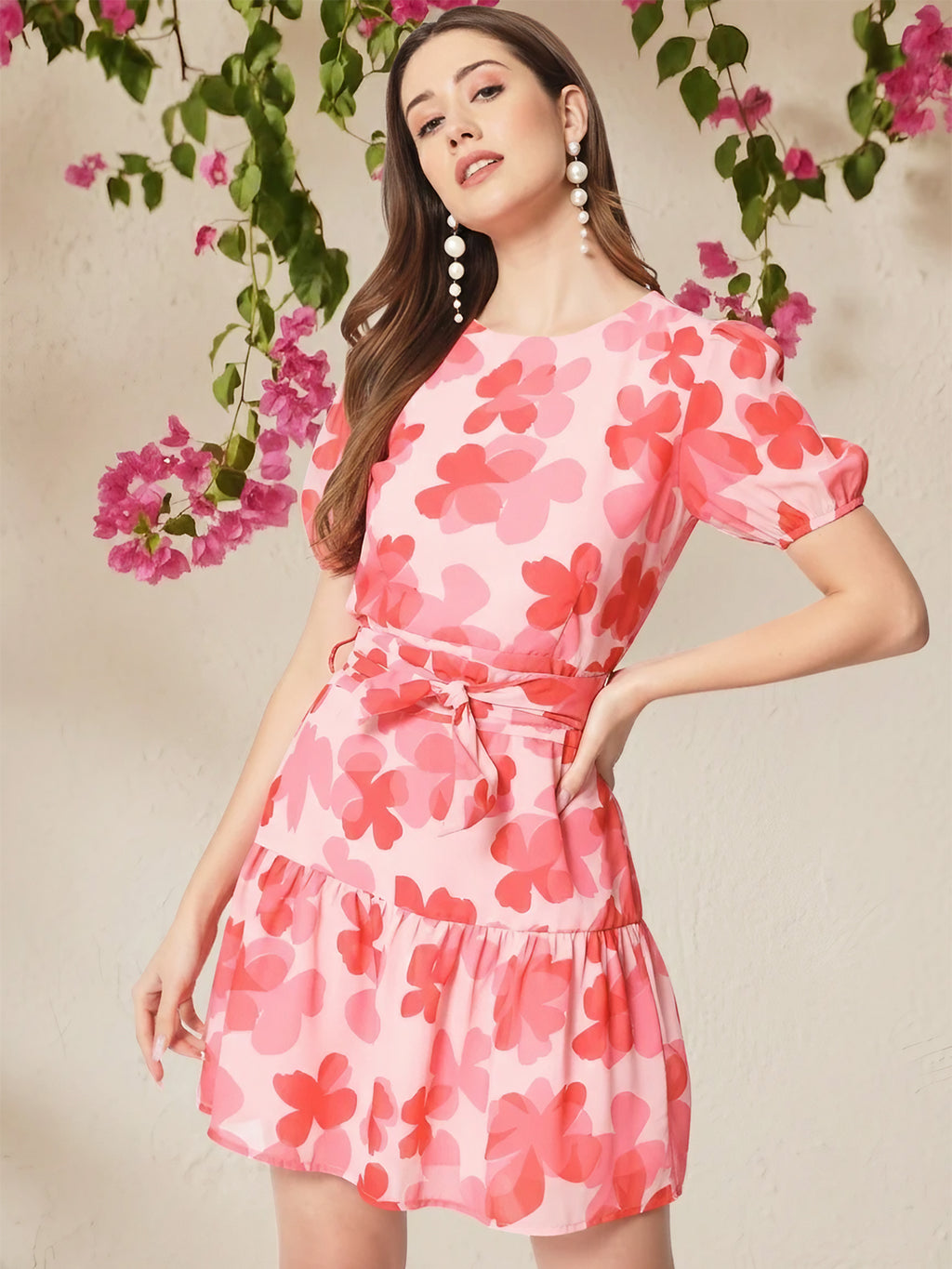 Floral print puff sleeve georgette fit & flare dress for women
