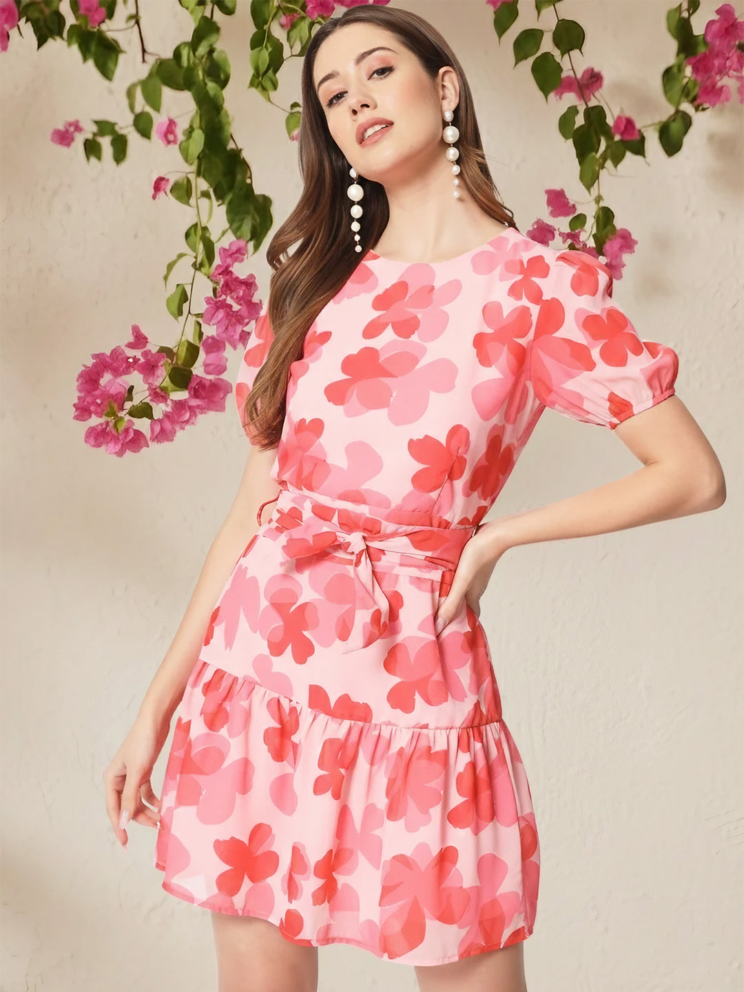Floral print puff sleeve georgette fit & flare dress for women
