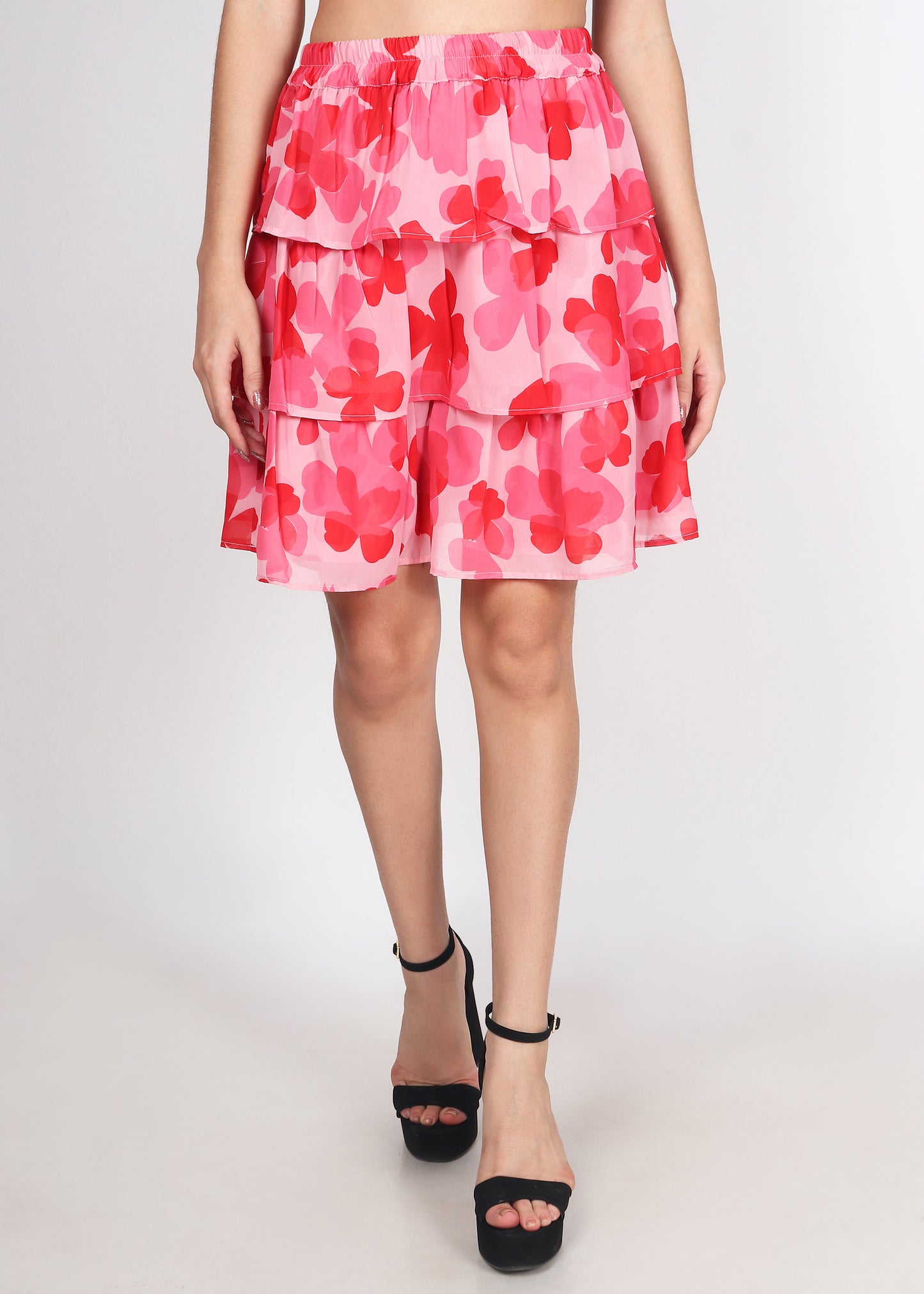 Women Floral Printed Flared Pink Skirt