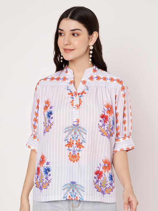 Women White Floral Printed Cotton Blend Top