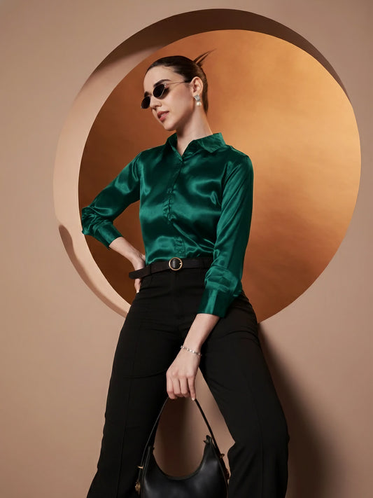 Women Green Satin Relaxed Formal Shirt