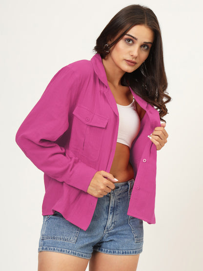 Women Classic Fit Solid Spread Collar Cotton Casual Shirt