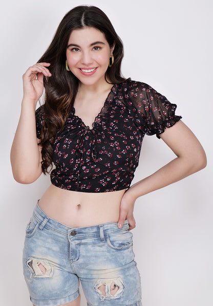 Women's Floral Printed Blouson Black Crop Top