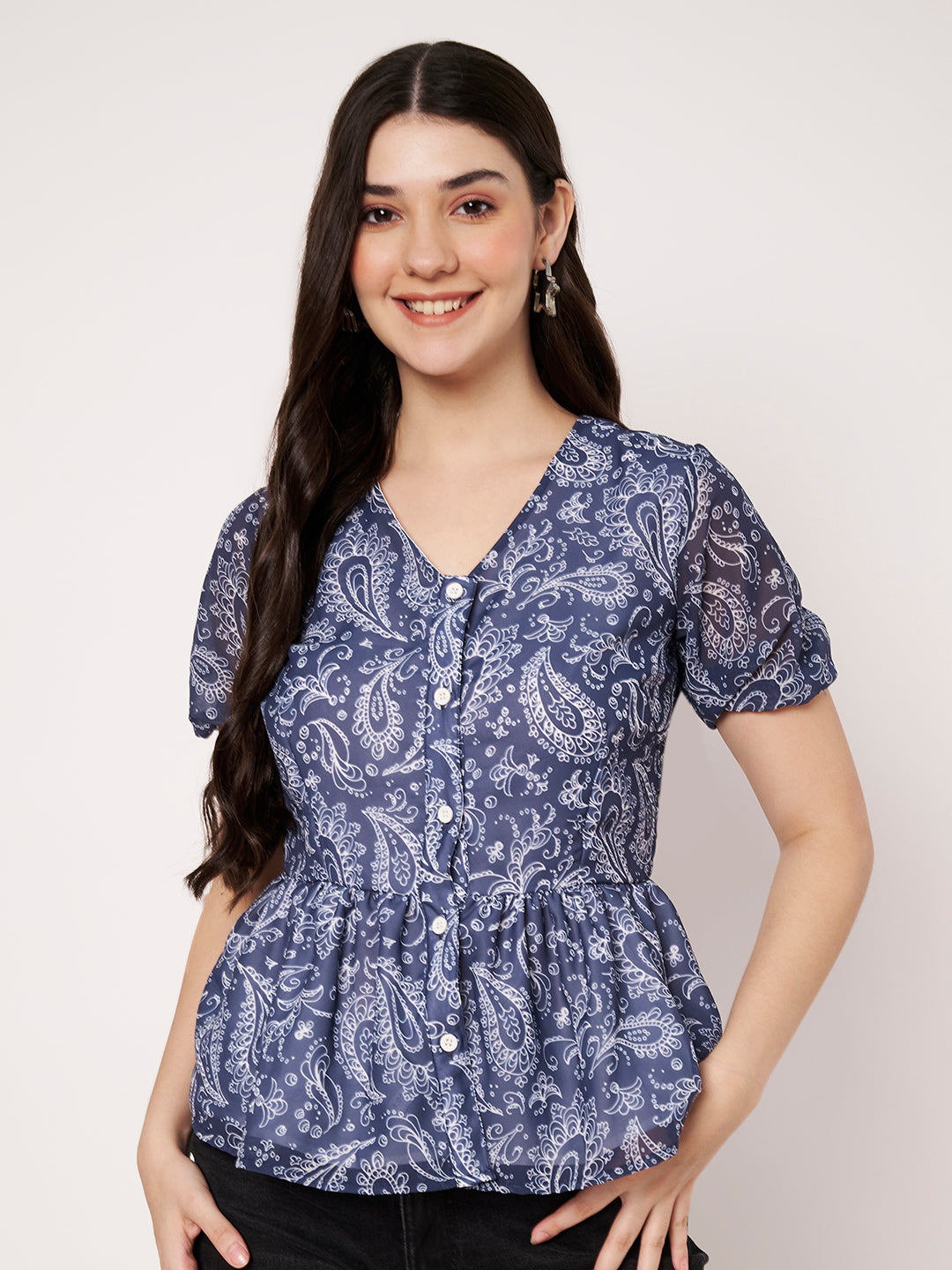Blue and white paisley print peplum kurti with button-down front.