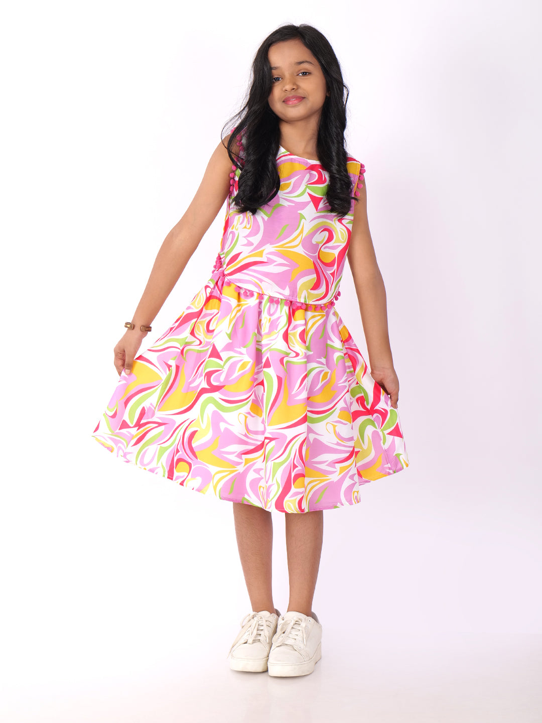 Girls Abstract Printed Round Neck Top With Skirt