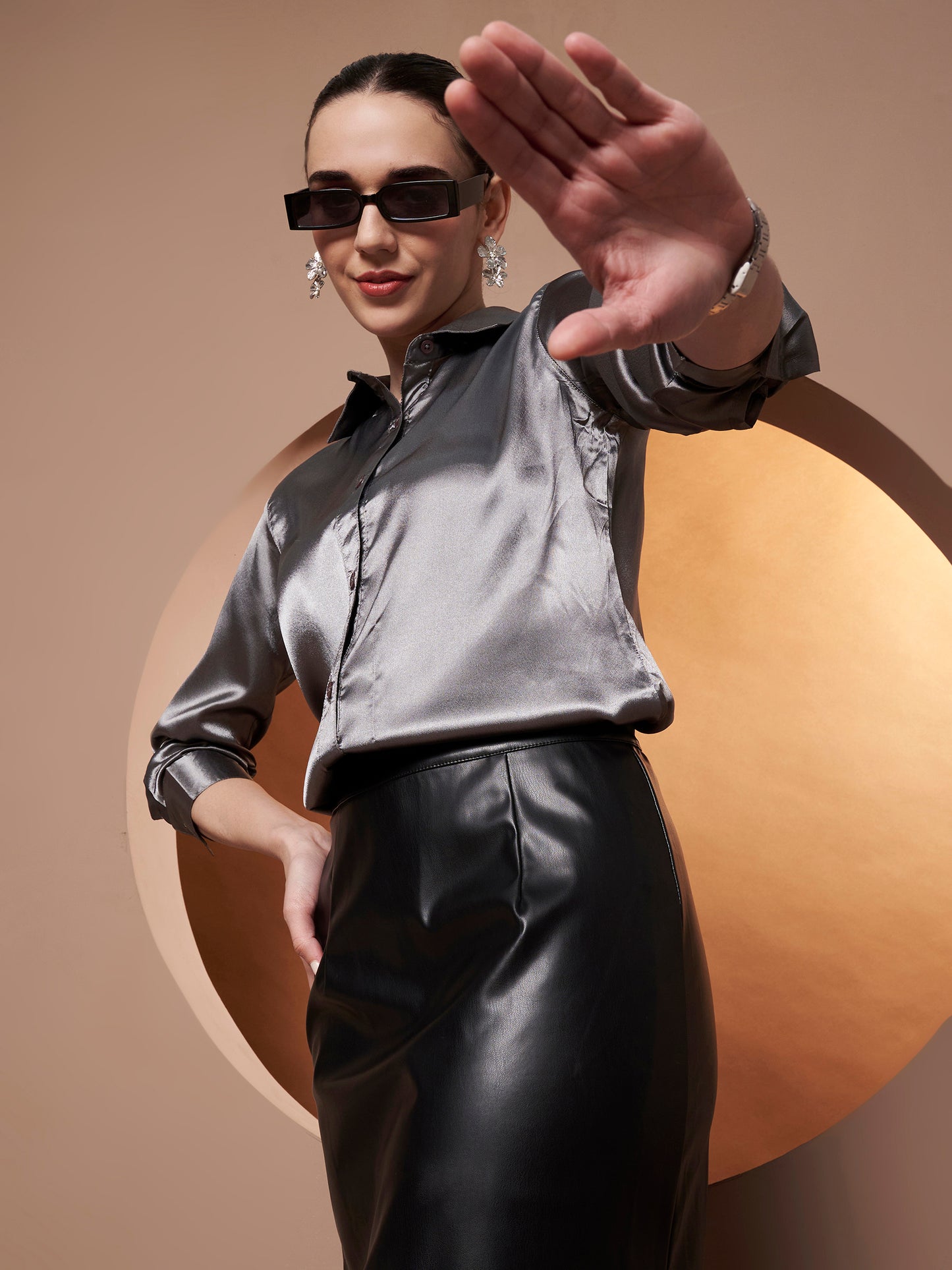 Women Grey Classic Slim Fit Casual Shirt