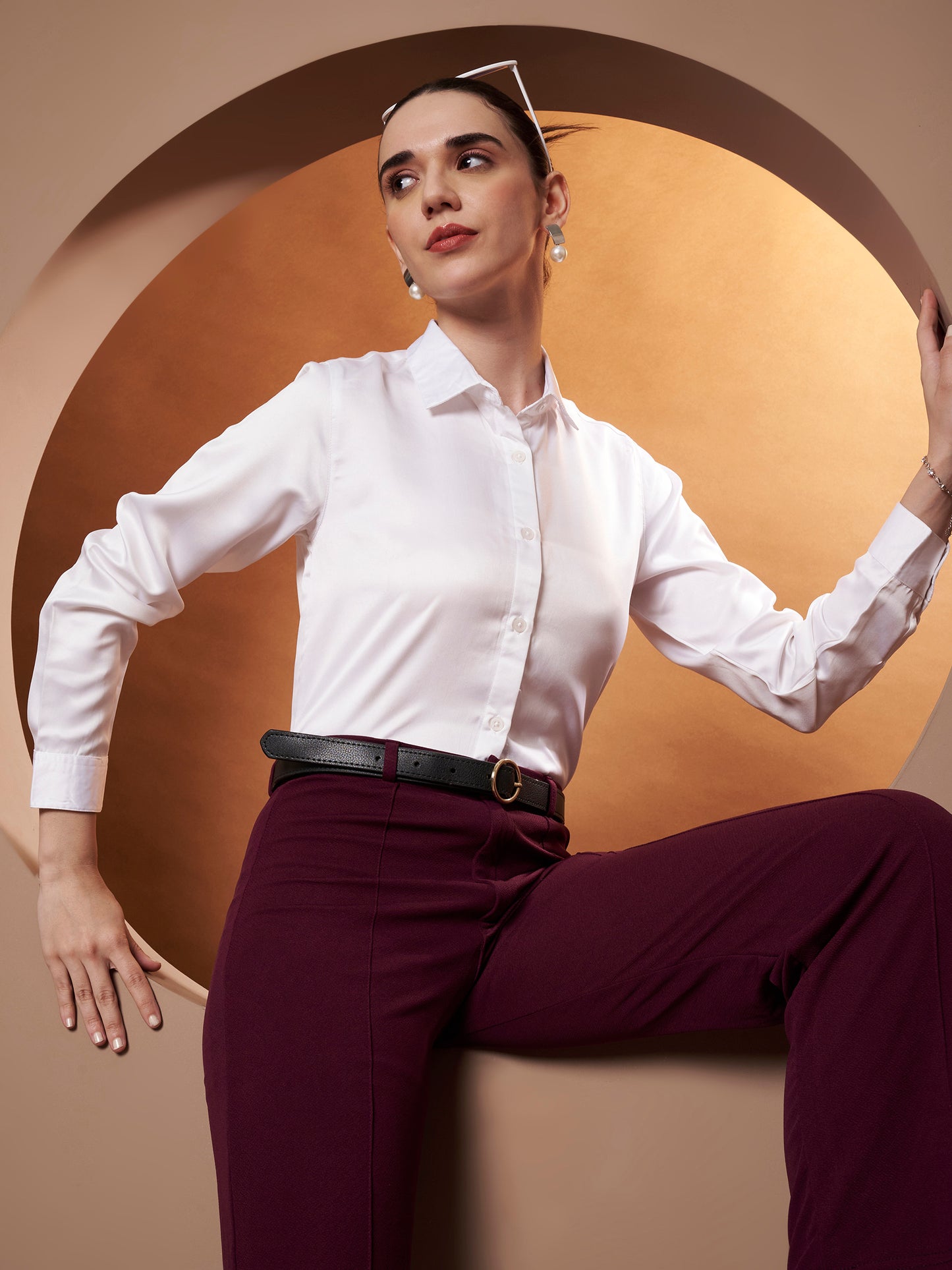 Women White Solid Slim Fit Satin Shirt