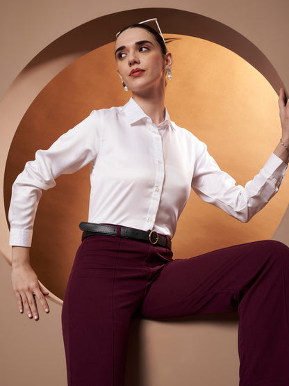 Women White Solid Slim Fit Satin Shirt
