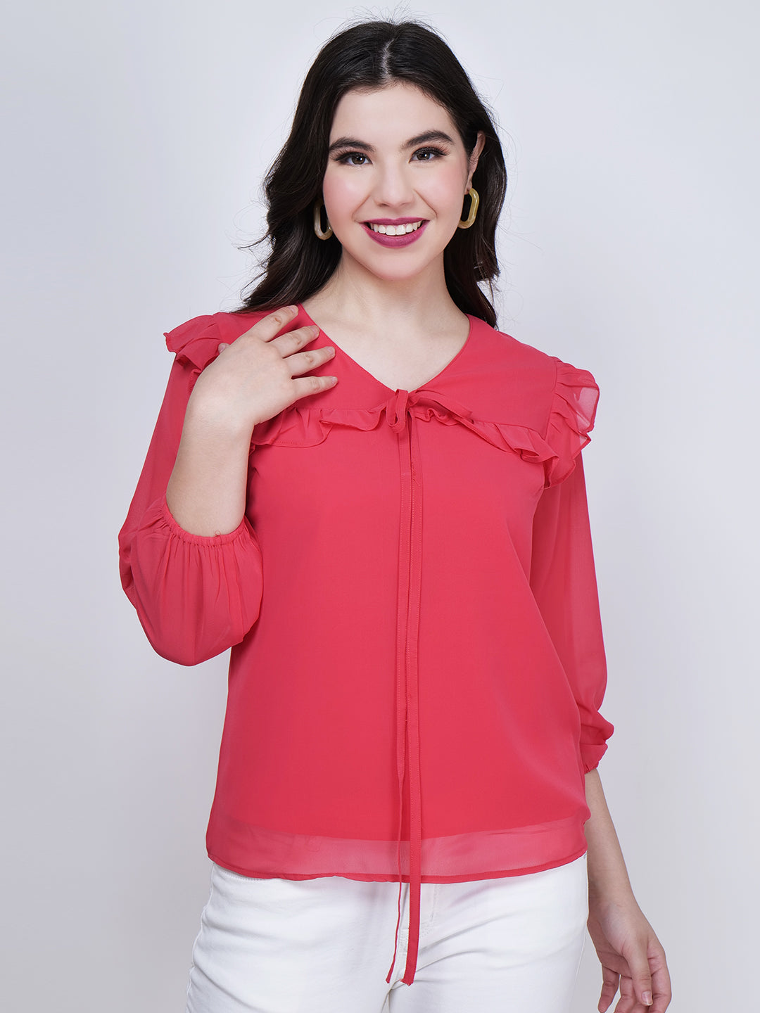 Women's Tie-Up Neck Georgette Red Top