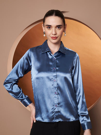 Spread Collar Satin Party Shirt