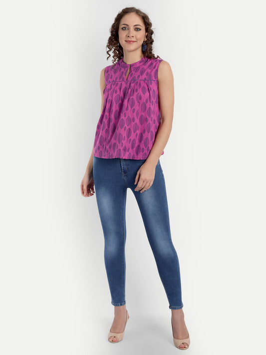 Pink & Navy Blue Graphic Print Mandarin Collar Pure Cotton Top