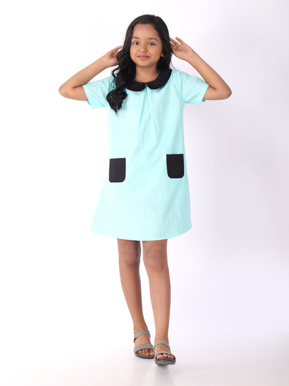 Girls Colourblocked Peter Pan Collar Cotton A-Line Dress