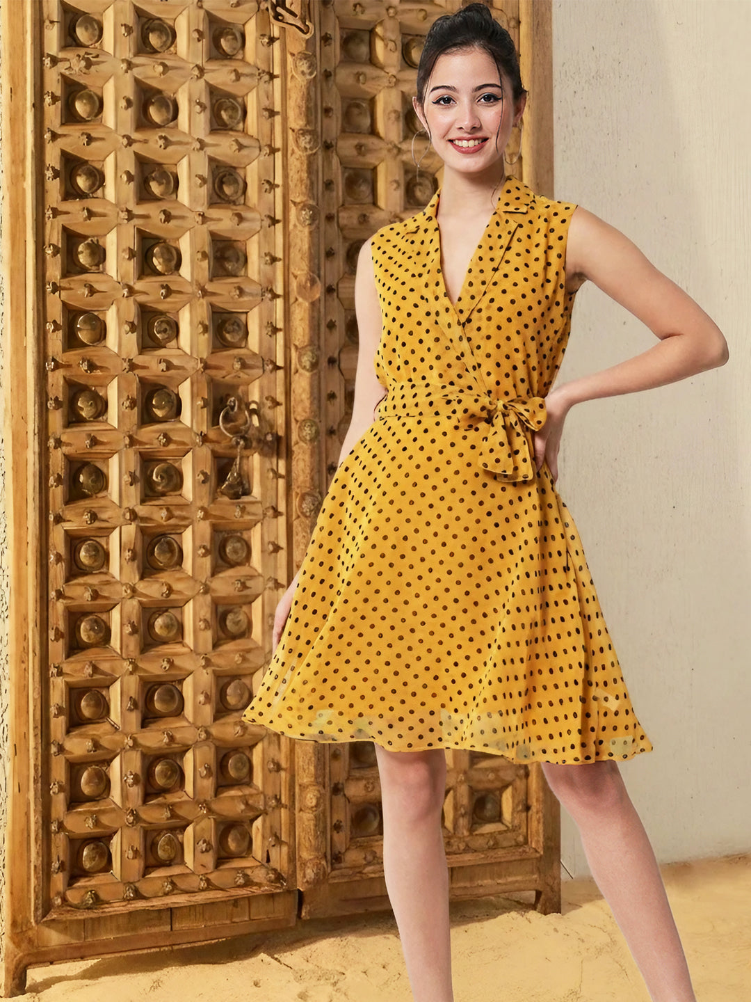 Tie-Up A-Line Polka Dot Yellow Dress