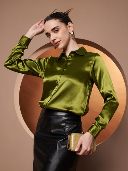 Women Olive Green Classic Slim Fit Casual Shirt