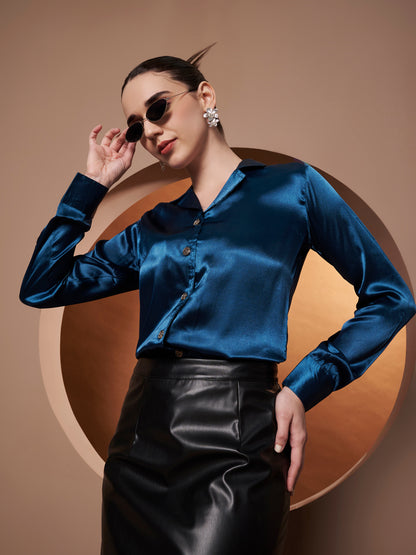 Spread Collar Satin Casual Shirt