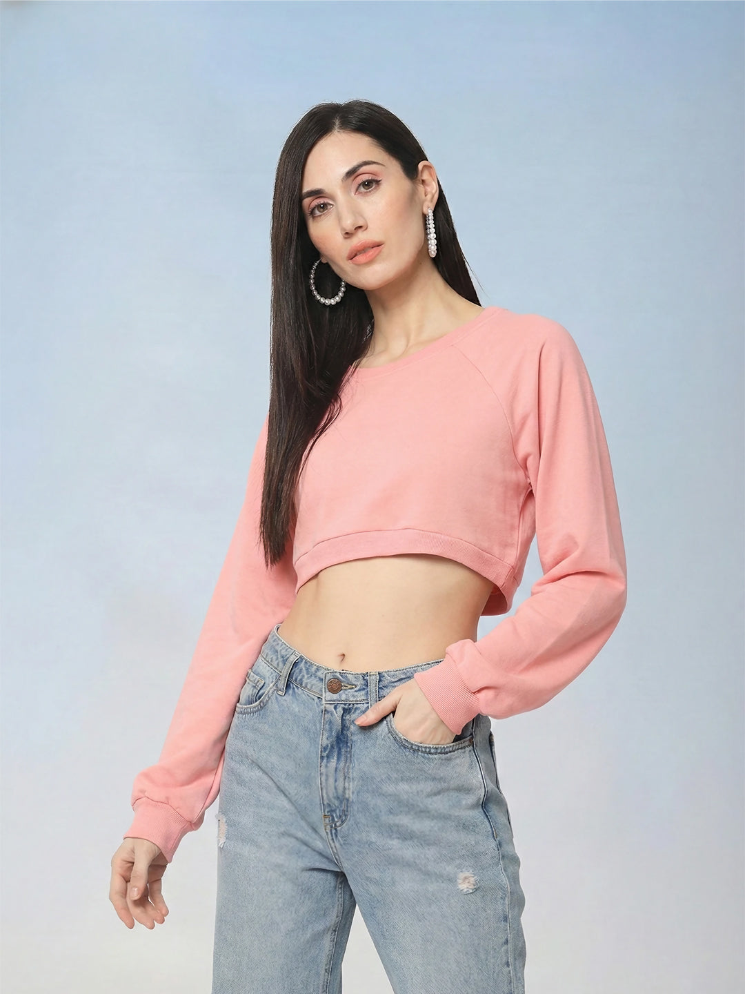 Women Pink Crop Sweatshirt front