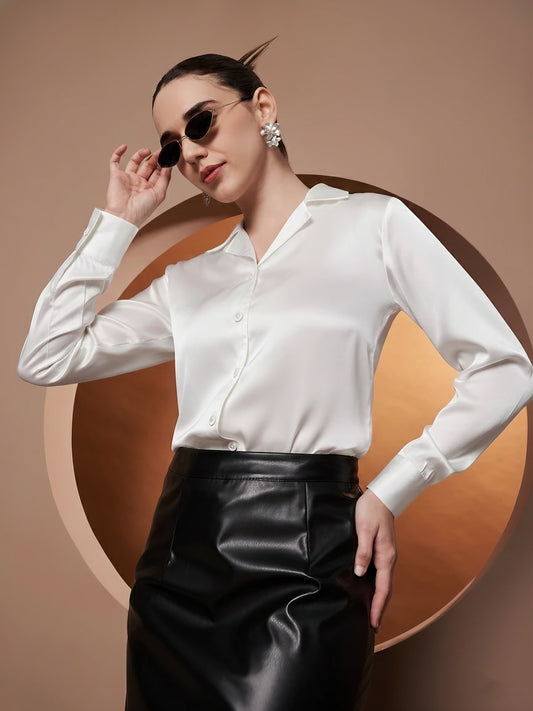 Spread Collar Satin Casual Shirt