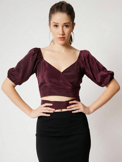 Puff Sleeves Crepe Cut Out Wrap Crop Top
