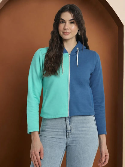 Colourblocked Hooded Cotton Front Open Sweatshirt