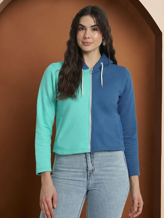 Colourblocked Hooded Cotton Front Open Sweatshirt