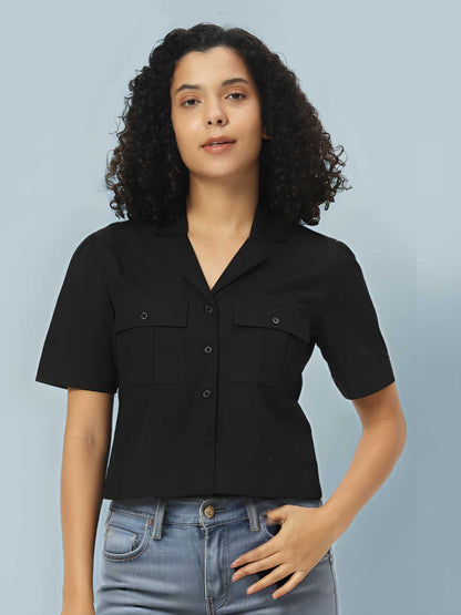 Women Classic Slim Fit Cotton Black Crop Shirt