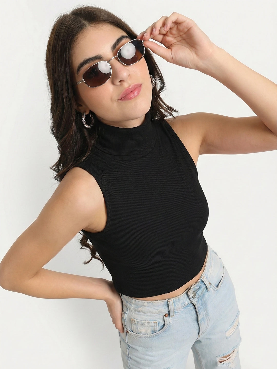 Black high neck sleeveless crop top for women
