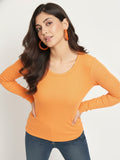 Orange ribbed round neck fitted top for women