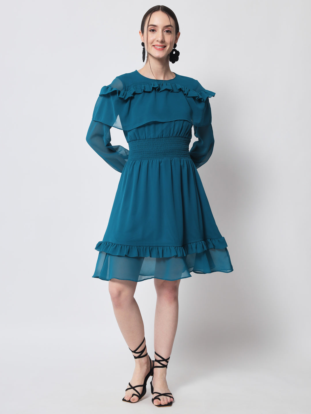 Teal Smocked Puff Sleeves Fit & Flare Dress