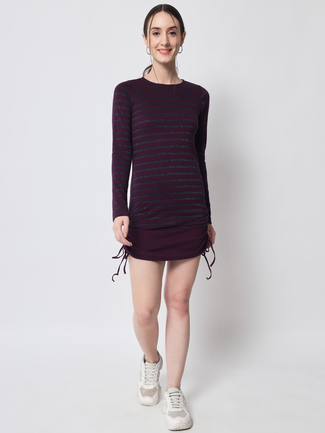 Purple & Grey Melange Striped Long Sleeves Bodycon Mini Cotton Dress