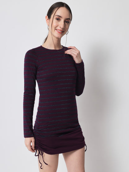 Purple & Grey Melange Striped Long Sleeves Bodycon Mini Cotton Dress