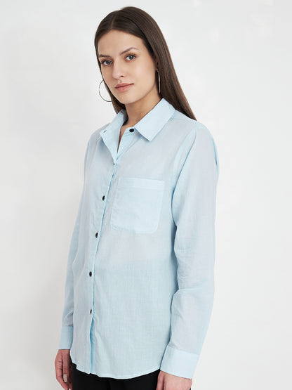 Women Classic Pure Cotton Blue Formal Shirt