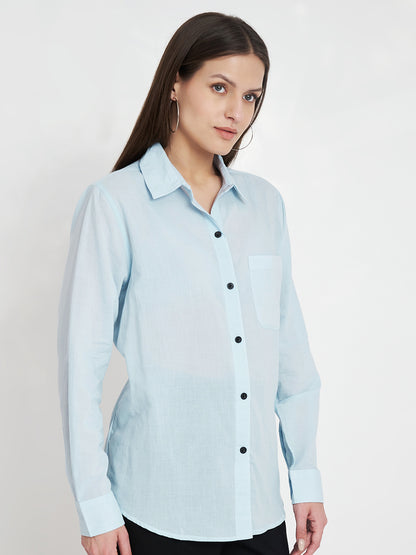 Women Classic Pure Cotton Blue Formal Shirt