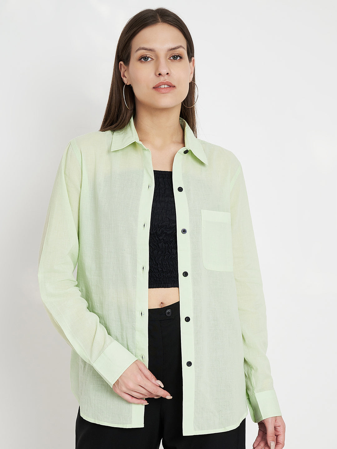 Women Classic Pure Cotton Green Formal Shirt