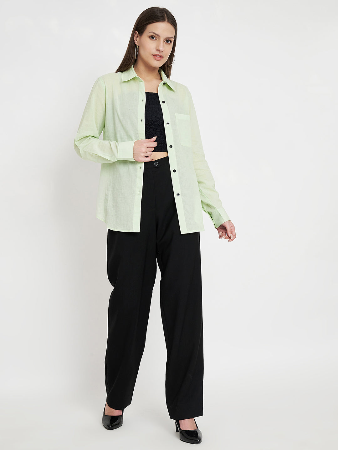 Women Classic Pure Cotton Green Formal Shirt