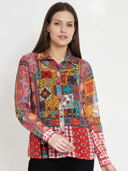 Women Classic Semi Sheer Printed Printed Shirt