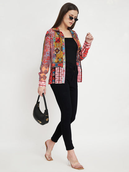 Women Classic Semi Sheer Printed Printed Shirt