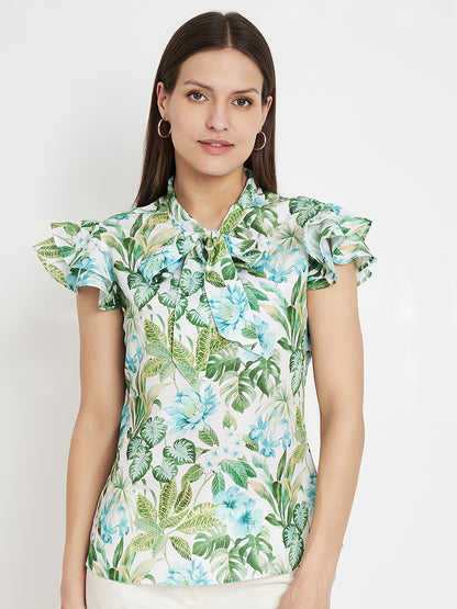 Women Floral Printed Tie-Up Neck Green Top