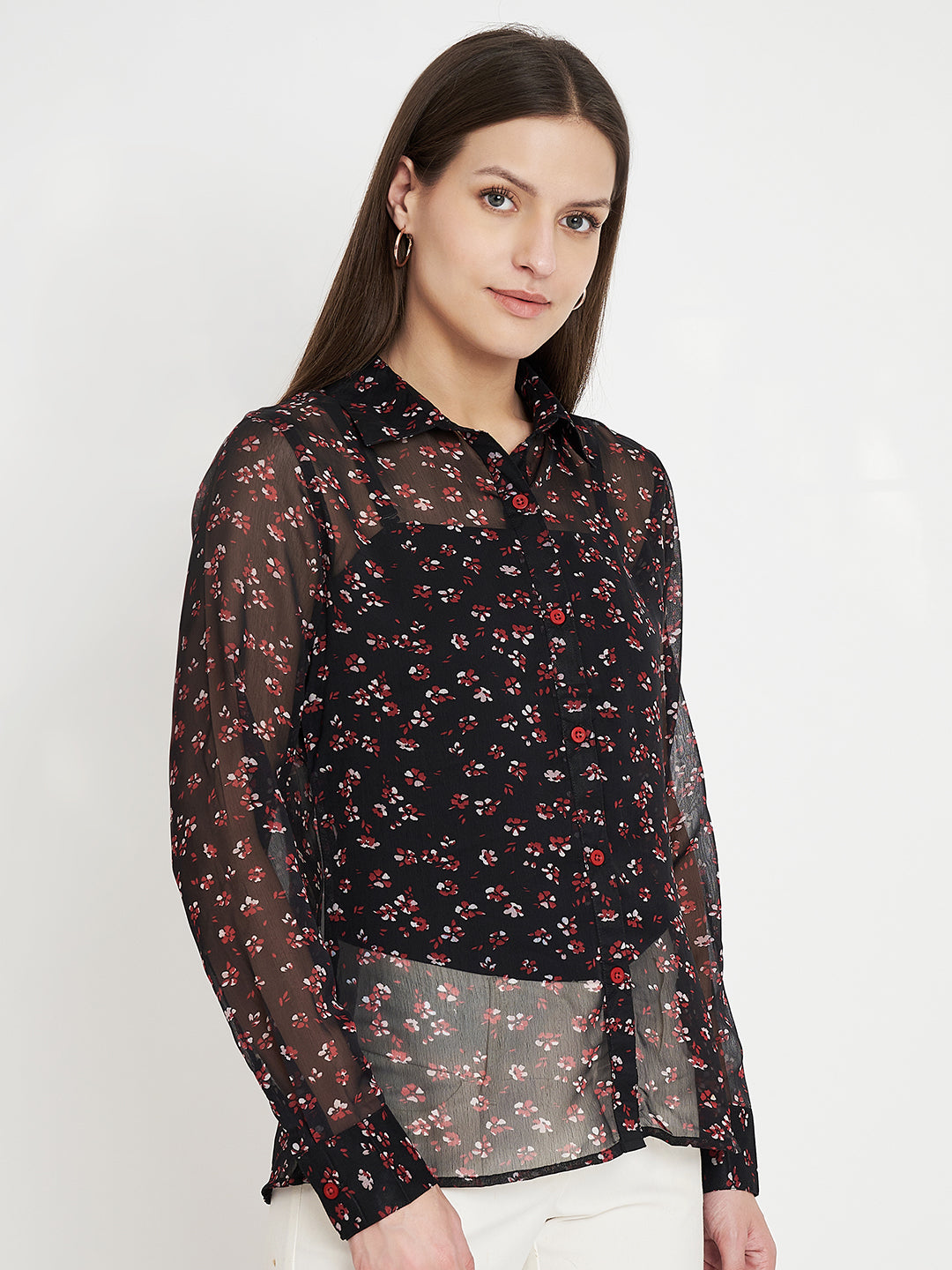 Women Classic Black Semi Sheer Printed Floral Print Shirt