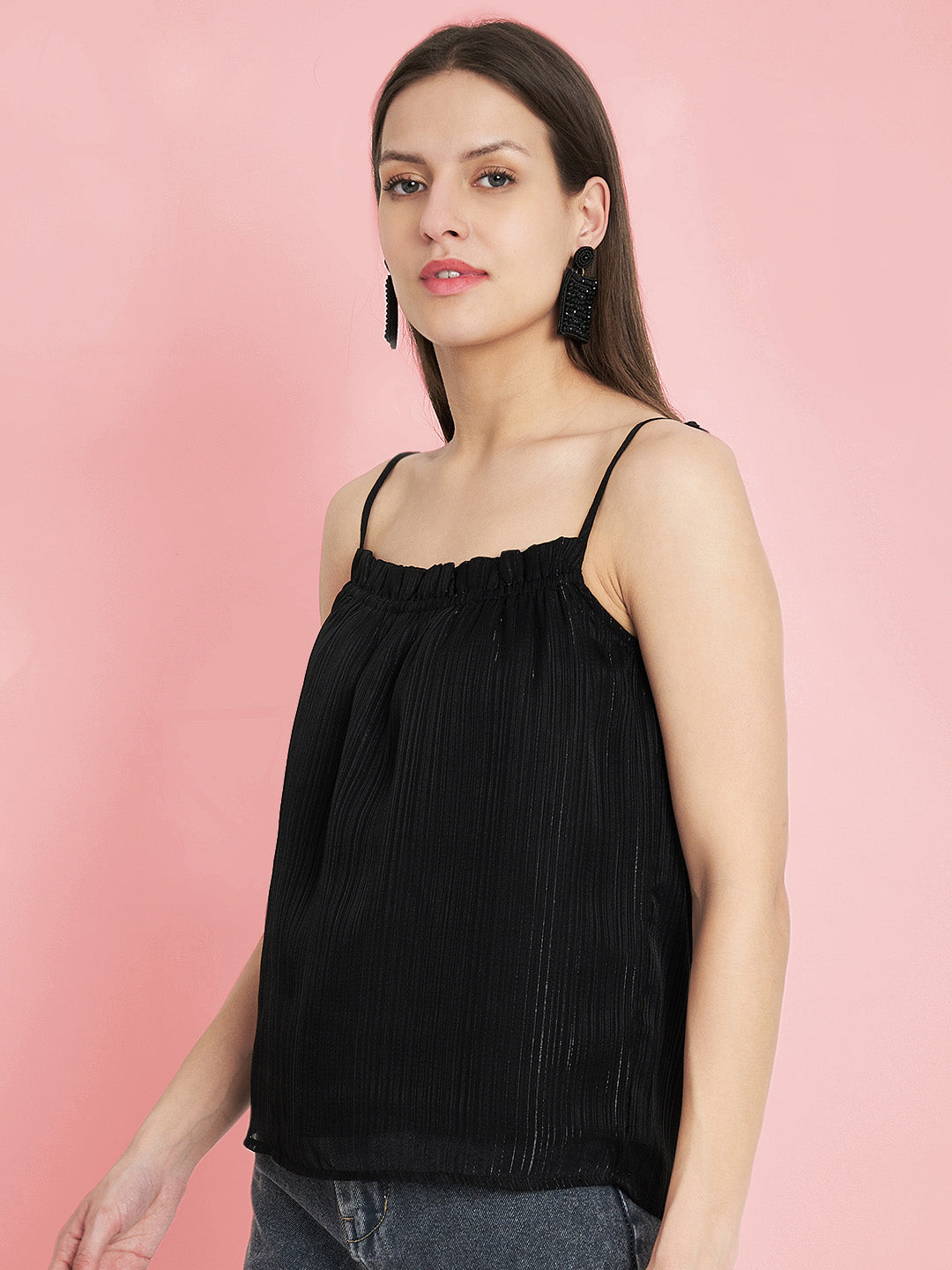 Stylish Women's Sleeveless Black Party Top Trendy Shoulder Strap