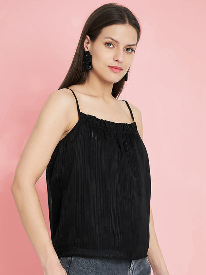 Women Shoulder Straps Sleeveless Black Party Top