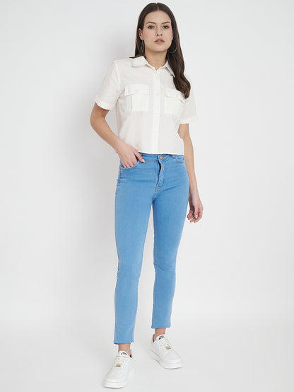 Women Cotton Solid White Half Shirt