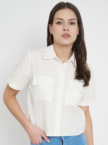 Women Cotton Solid White Half Shirt