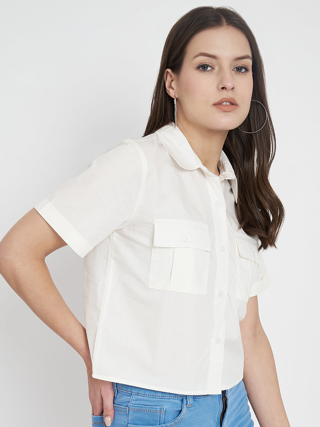 Women Cotton Solid White Half Shirt